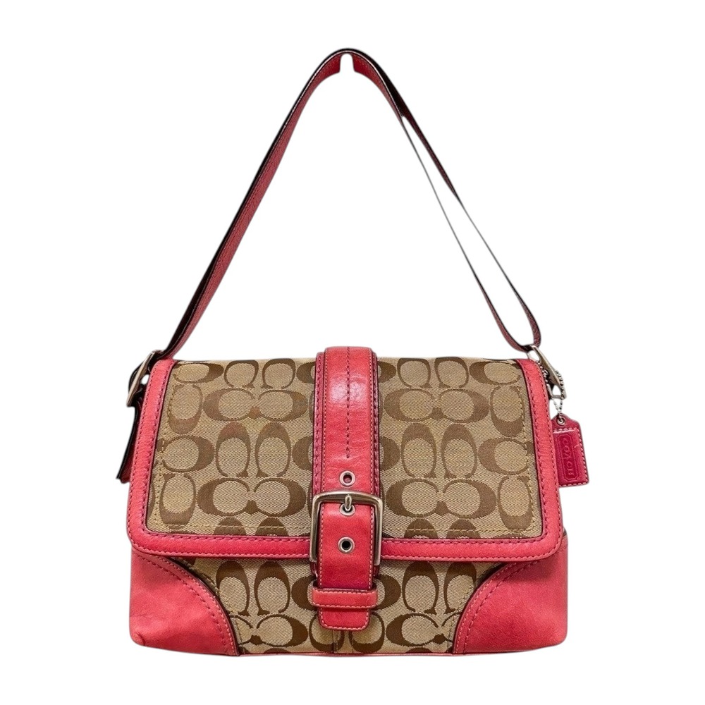 Coach Soho Buckle Flap Shoulder Bag Khaki Pink‎ Jacquard Leather F12641